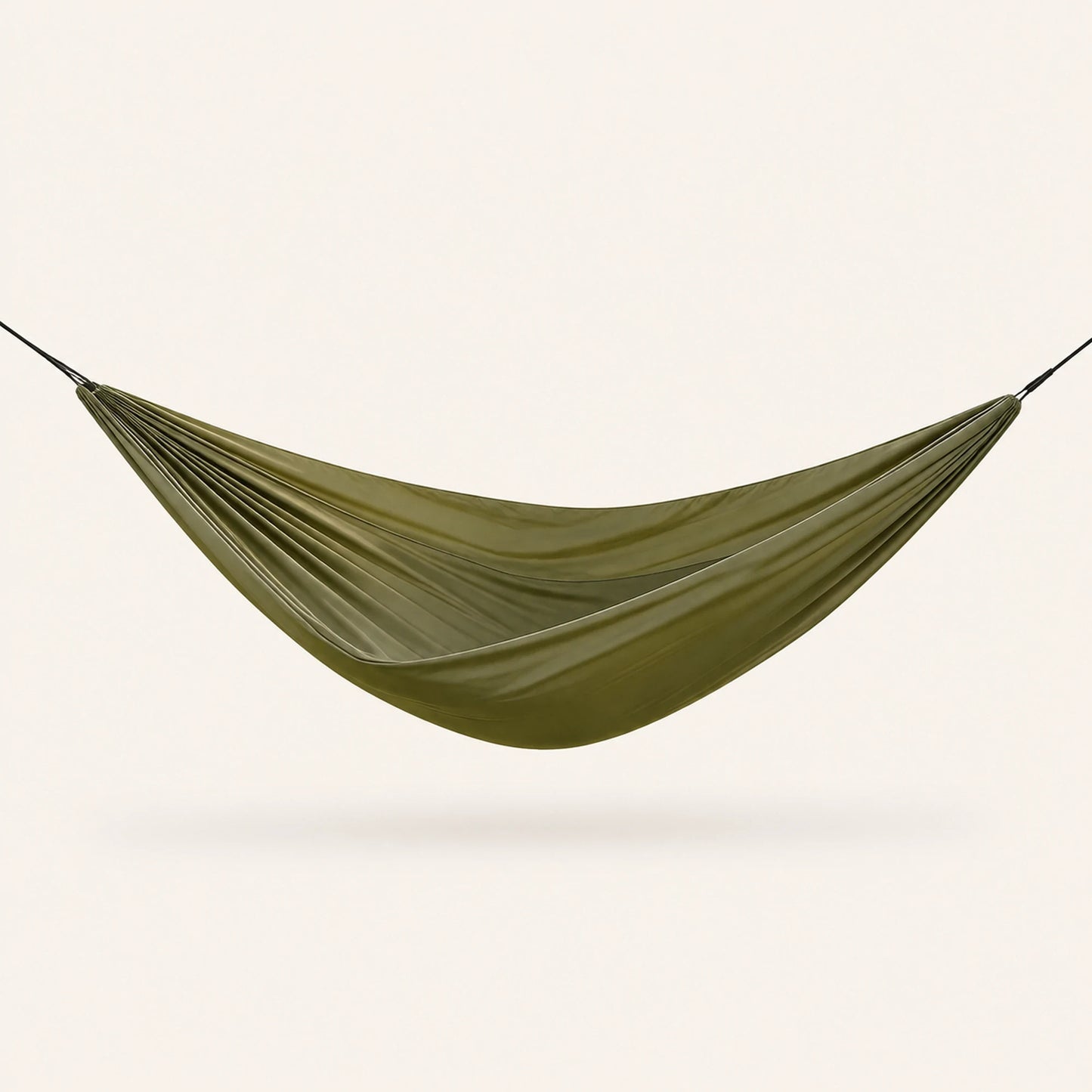 Army-green double camping hammock, gathered-end nylon fabric, studio product photo