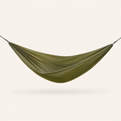 Army-green double camping hammock, gathered-end nylon fabric, studio product photo