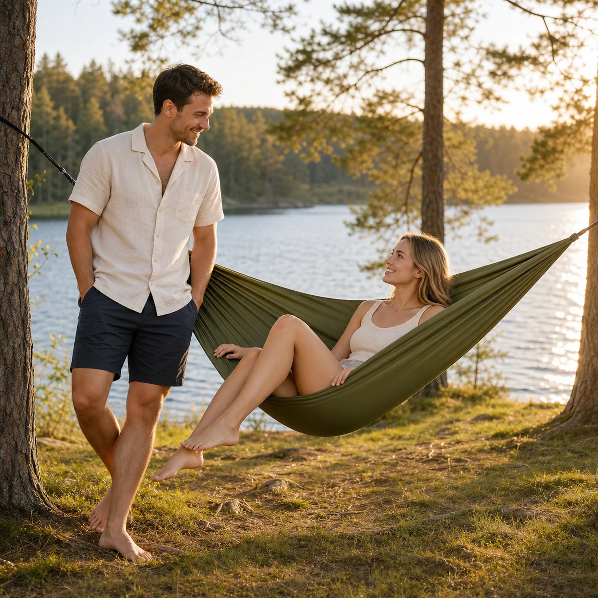 Couple relaxing beside a lake with an army-green double camping hammock