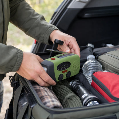 Green emergency weather radio with hand crank, solar panel and flashlight