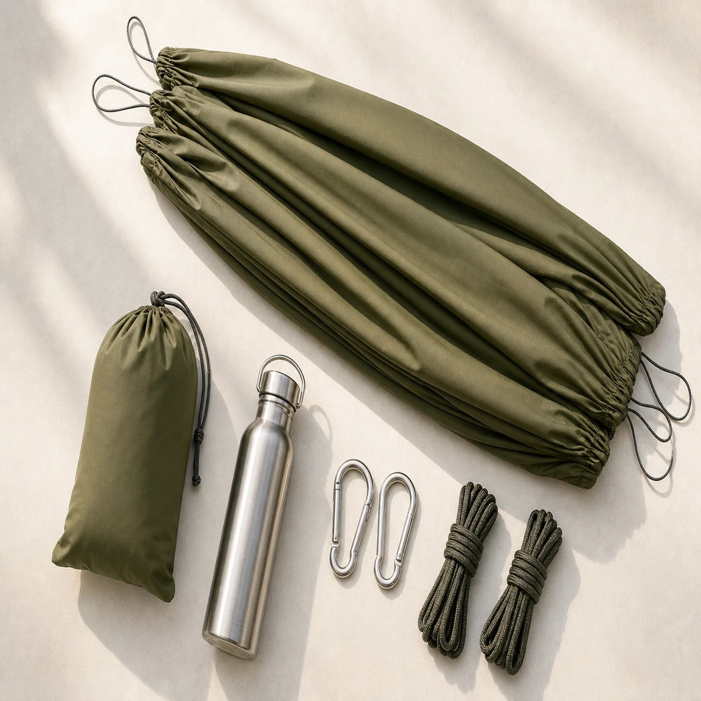 Packed army-green double hammock with carry pouch, carabiners and suspension ropes
