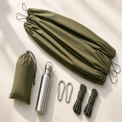 Packed army-green double hammock with carry pouch, carabiners and suspension ropes