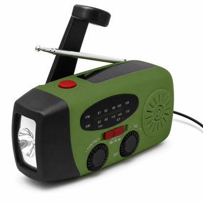 Green emergency weather radio with hand crank, solar panel and flashlight