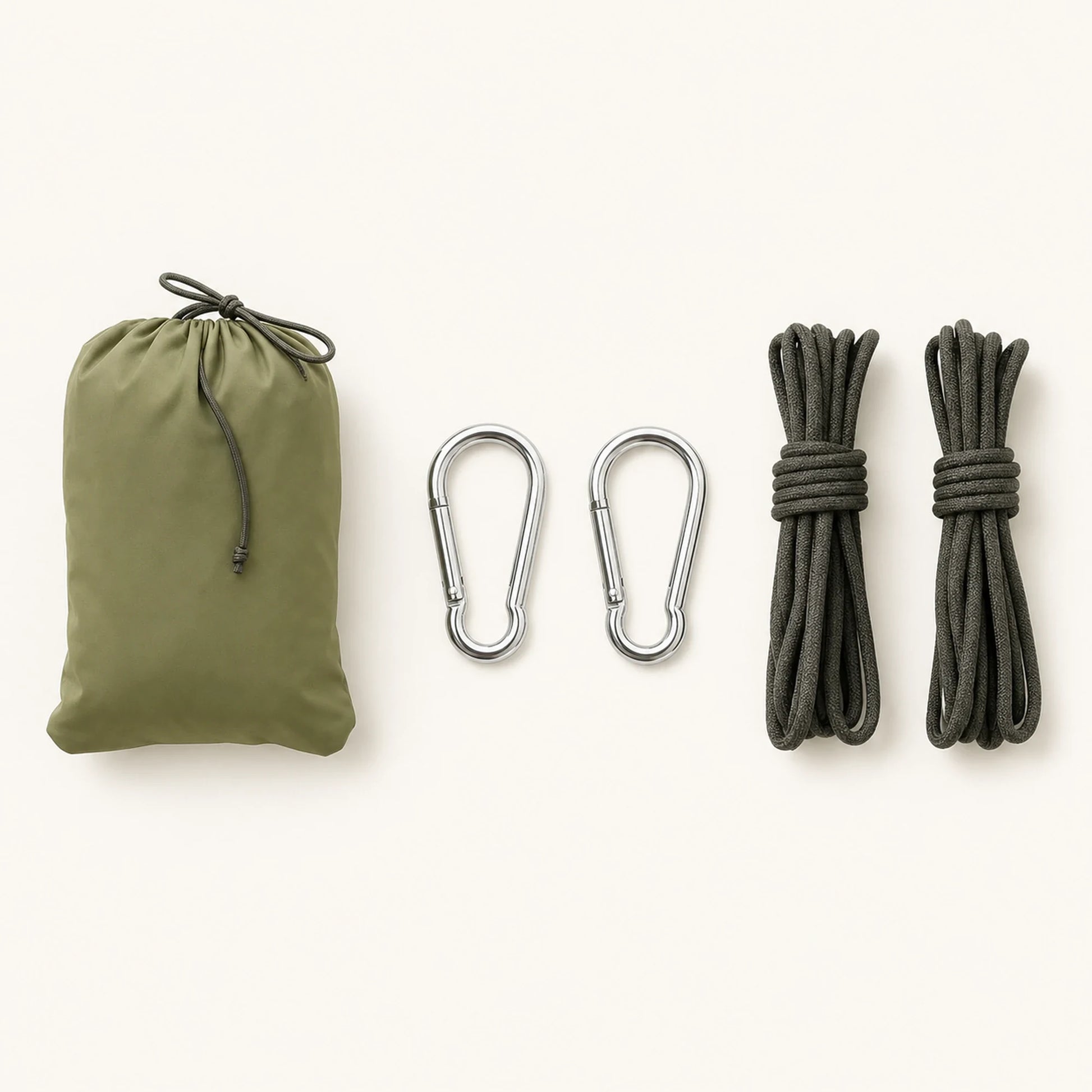 Army-green hammock carry pouch with two carabiners and two suspension rope bundles