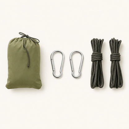 Army-green hammock carry pouch with two carabiners and two suspension rope bundles