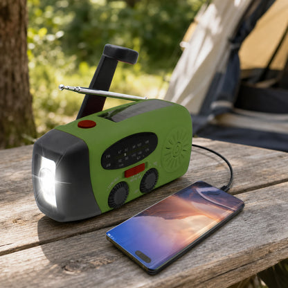 Green emergency weather radio with hand crank, solar panel and flashlight