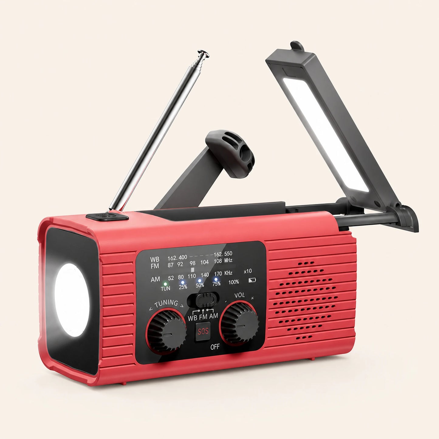 Solar Hand-Crank Emergency Radio — 2000mAhRed