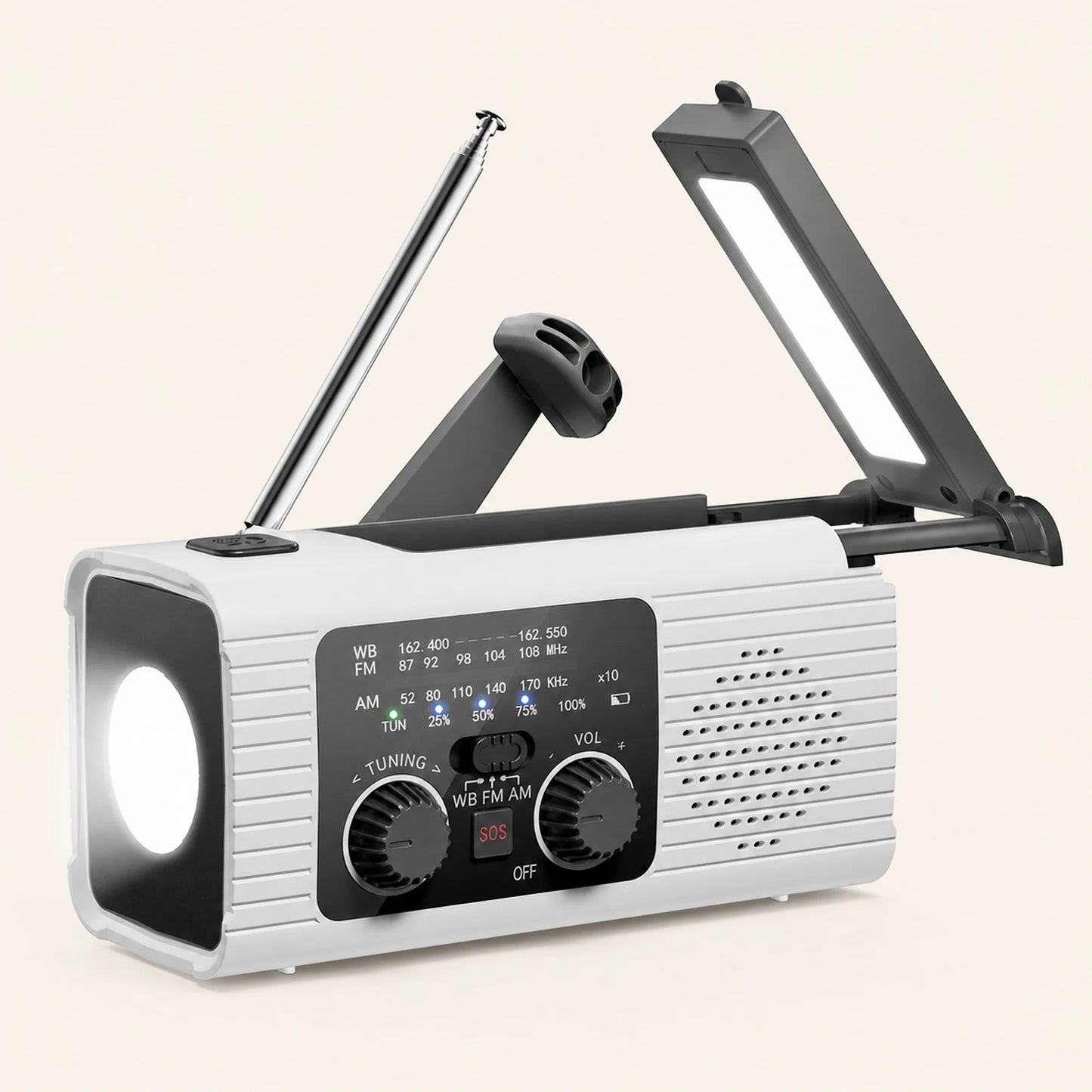 Solar Hand-Crank Emergency Radio — 2000mAhWhite